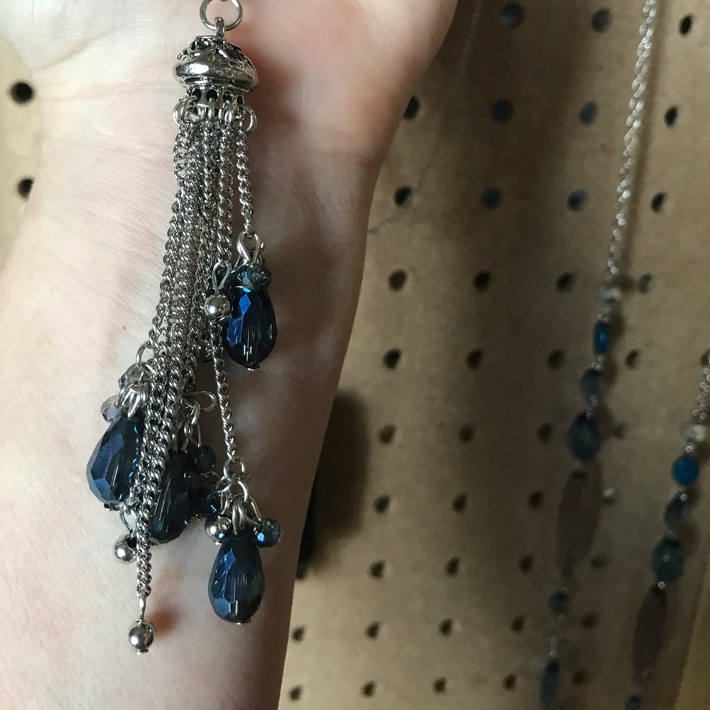 Extra long silver necklace w/chain fringe & blue